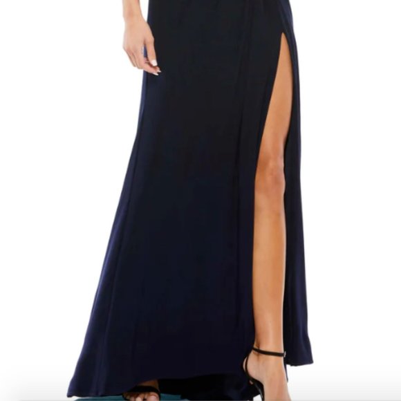 MAC DUGGAL 67850 FAUX WRAP V-NECK CAP SLEEVE JERSEY STRETCH NAVY GOWN sz 22 - Picture 6 of 7